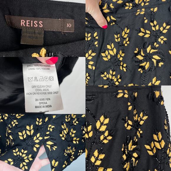 Reiss Opera Black Beaded Gold Leaf Floral Embroidered Mini Pencil Skirt 10 - Picture 12 of 13